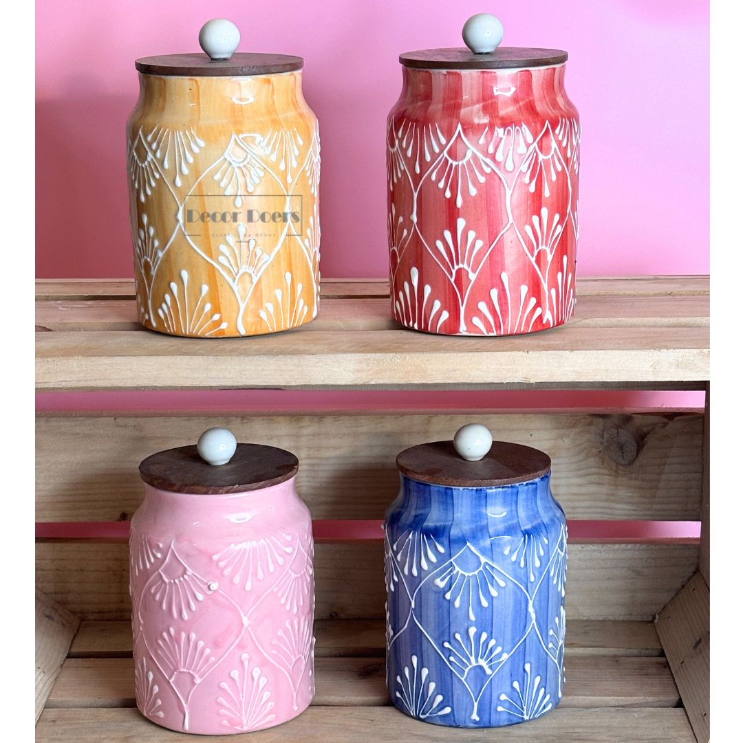 Prism Airtight Ceramic Jar Set of 4 - Handcrafted Colourful Storage Jars