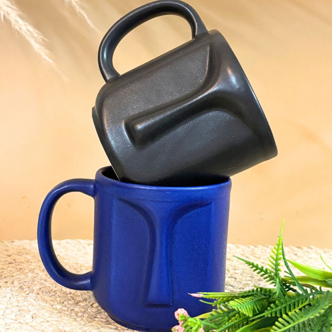 Face Shaped Ceramic Coffee Mug - Royal Blue & Black