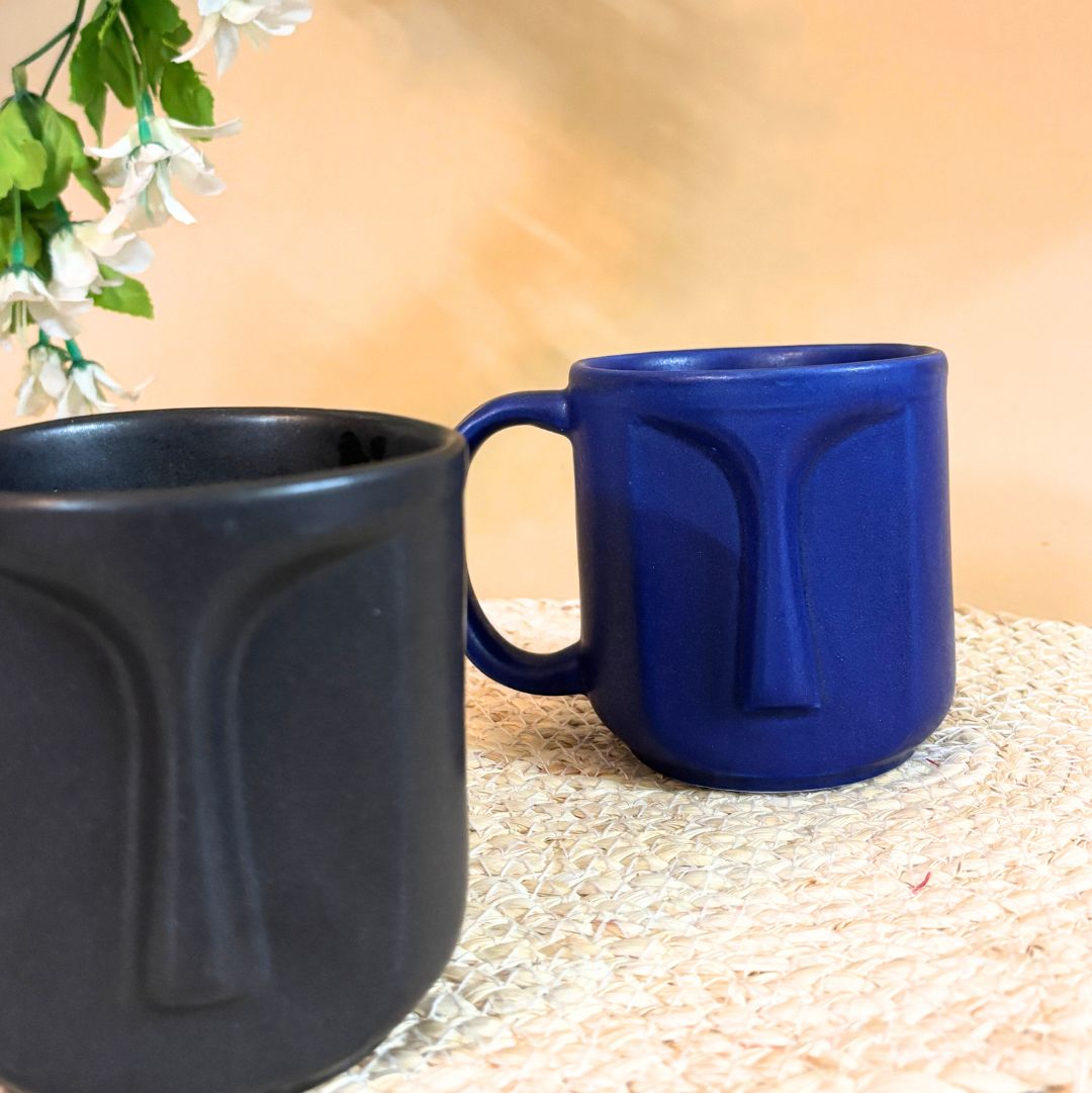 Face Shaped Ceramic Coffee Mug - Royal Blue & Black 1