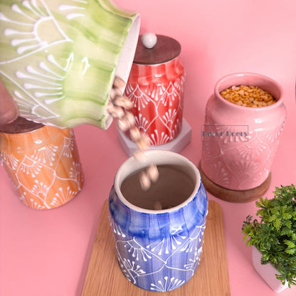 Prism Airtight Ceramic Jar Set of 4 - Handcrafted Colourful Storage Jars