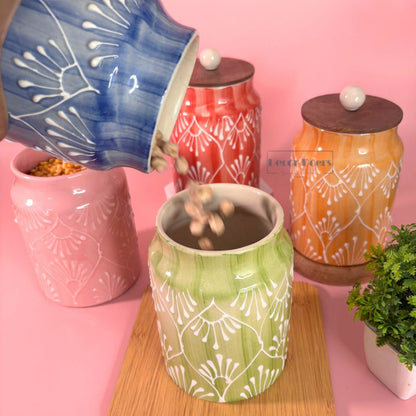 Prism Airtight Ceramic Jar Set of 4 - Handcrafted Colourful Storage Jars