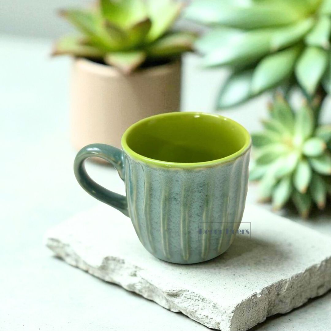 Premium Ribbed Green Ceramic Tea Cup Set of 6 – Classic Handcrafted Design