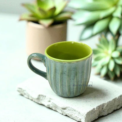 Premium Ribbed Green Ceramic Tea Cup Set of 6 – Classic Handcrafted Design