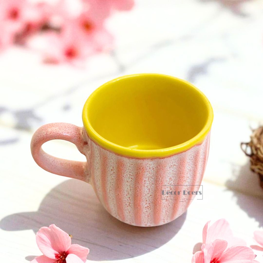 Premium Ribbed Pink & Yellow Ceramic Tea Cup Set of 6 – Coffee & Tea Cups