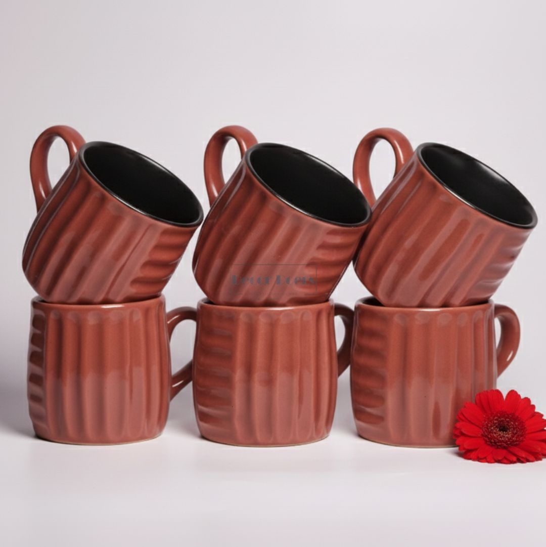 Premium Luxe Ribbed Brown Ceramic Tea Cups – Set of 6 for Tea & Coffee Lovers