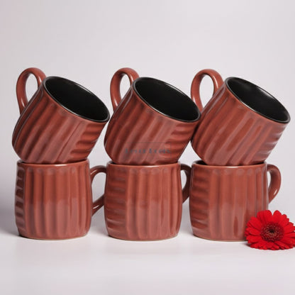 Premium Luxe Ribbed Brown Ceramic Tea Cups – Set of 6 for Tea & Coffee Lovers