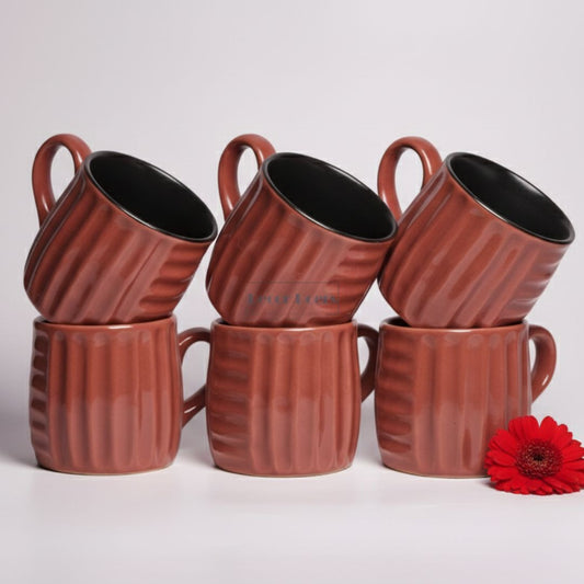 Premium Luxe Ribbed Brown Ceramic Tea Cups – Set of 6 for Tea & Coffee Lovers