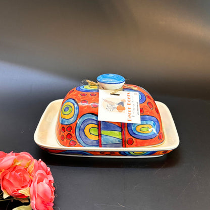 Rustic Orange Butter Dish | Hand-Painted Ceramic Butter Dish with Lid