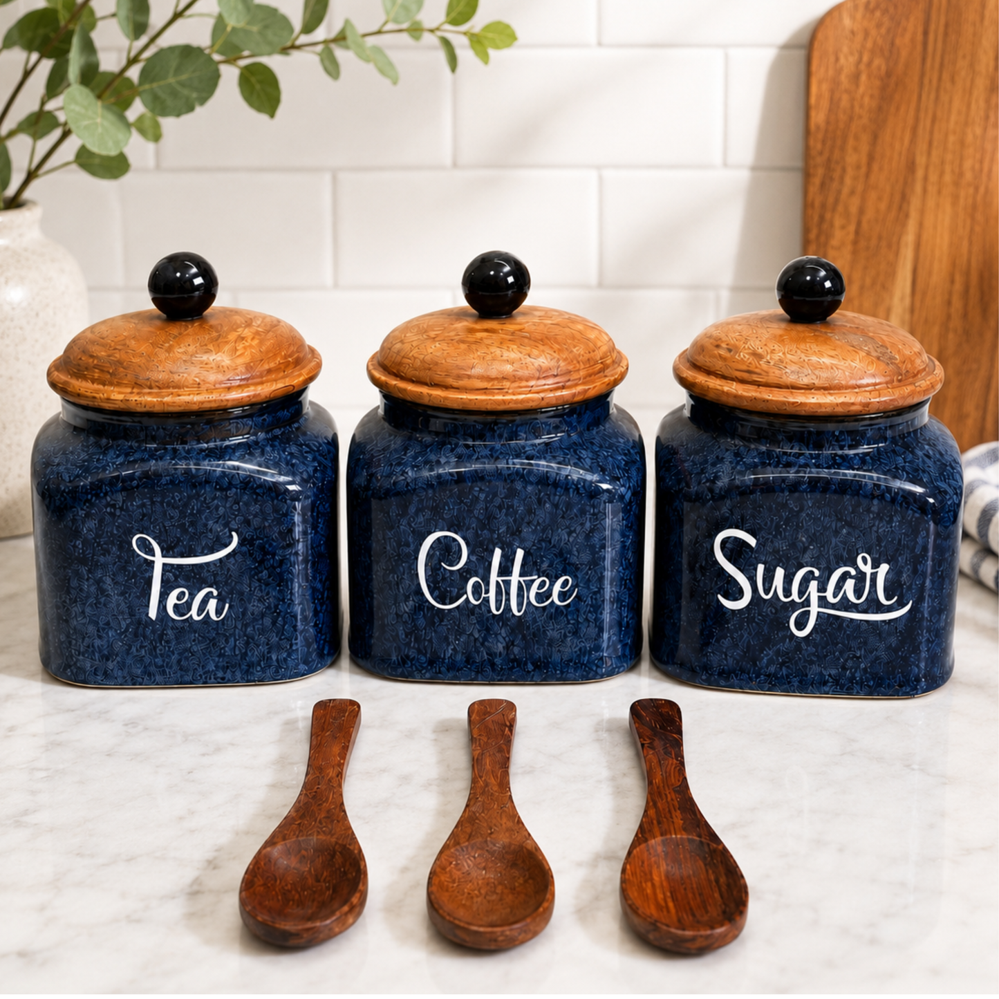 Dakota Navy Porcelain Tea Coffee Sugar Jar Set of 3 with Airtight Wooden Lids