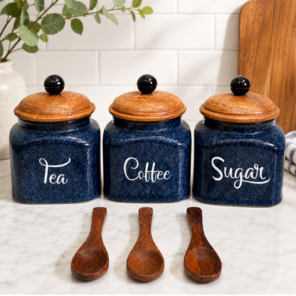 Ceramic Tea, Coffee, and Sugar Airtight Jar Set of 3 | Kitchen Storage