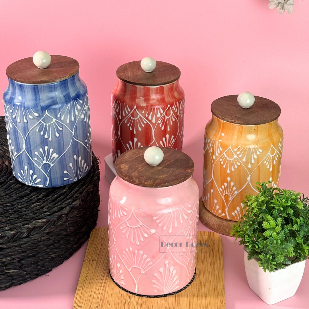 Prism Airtight Ceramic Jar Set of 4 - Handcrafted Colourful Storage Jars