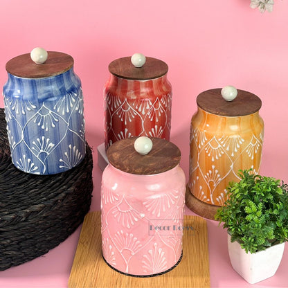 Prism Airtight Ceramic Jar Set of 4 - Handcrafted Colourful Storage Jars