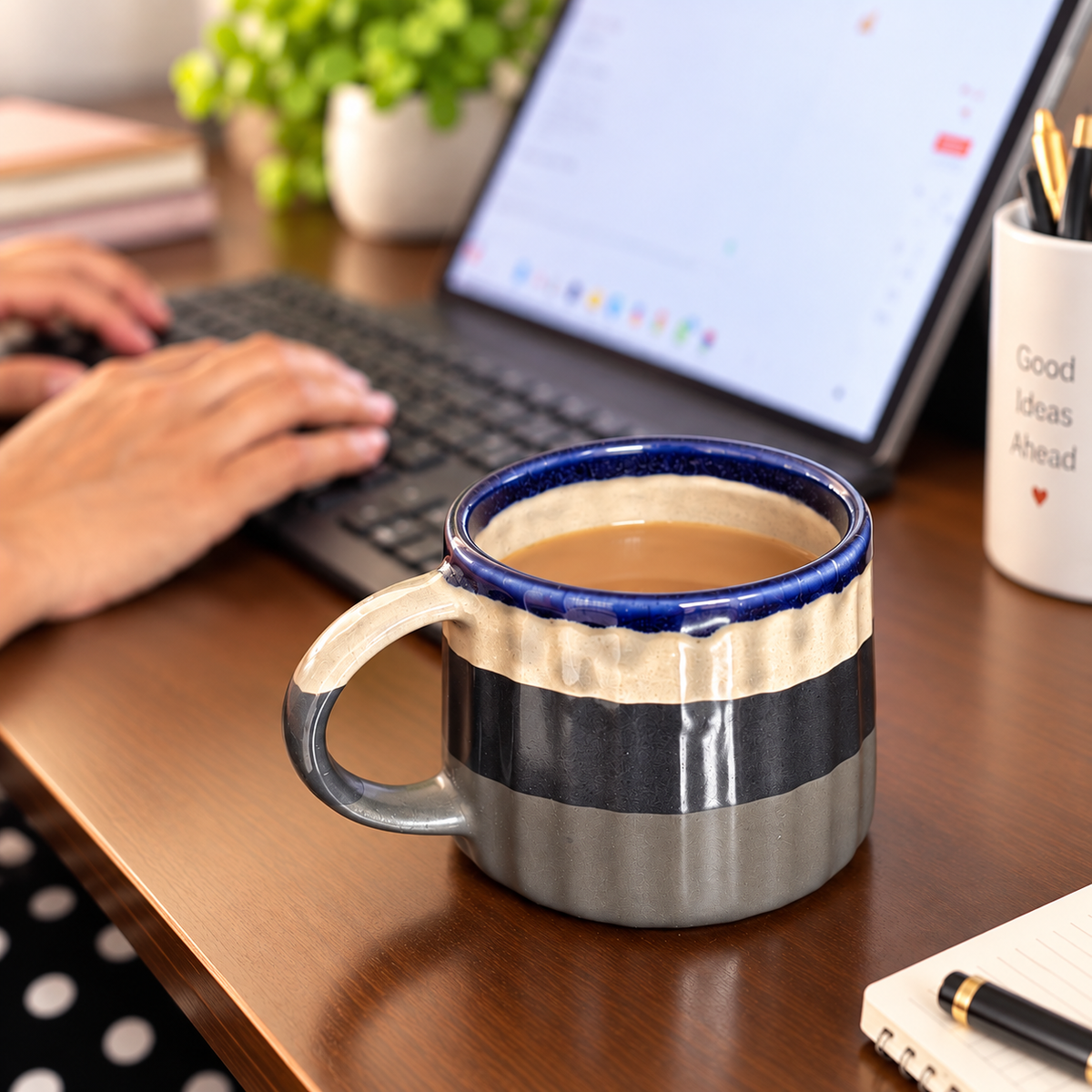 Grey Ribbed Coffee Mugs Set of 2