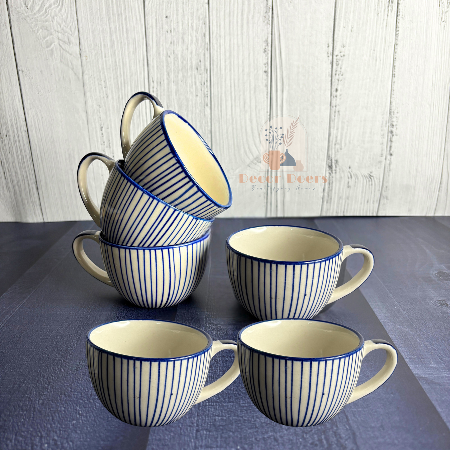 Cera Blue Stripe Tea Cup Set of 4 – Handcrafted Ceramic Office Tea Cups