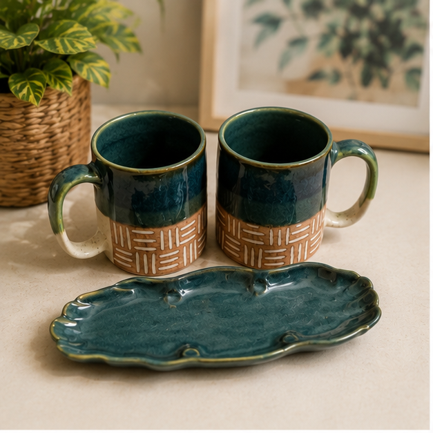 Forest Green Ceramic Coffee Mug Gift Set with Cookie Platter | Set of 2 (300 ml) | Handcrafted Gift for Coffee Lovers