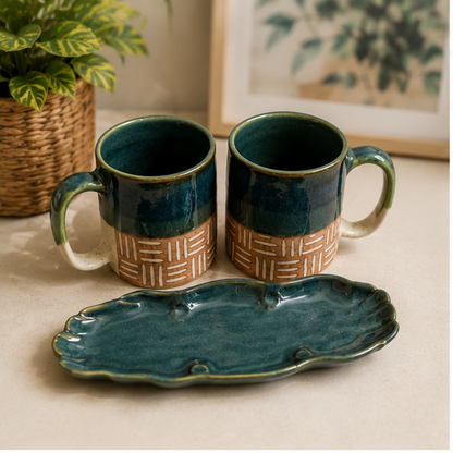 Forest Green Ceramic Coffee Mug Gift Set with Cookie Platter | Set of 2 (300 ml) | Handcrafted Gift for Coffee Lovers