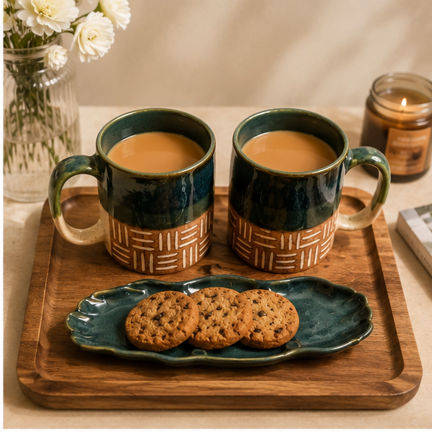 Forest Green Ceramic Coffee Mug Gift Set with Cookie Platter | Set of 2 (300 ml) | Handcrafted Gift for Coffee Lovers