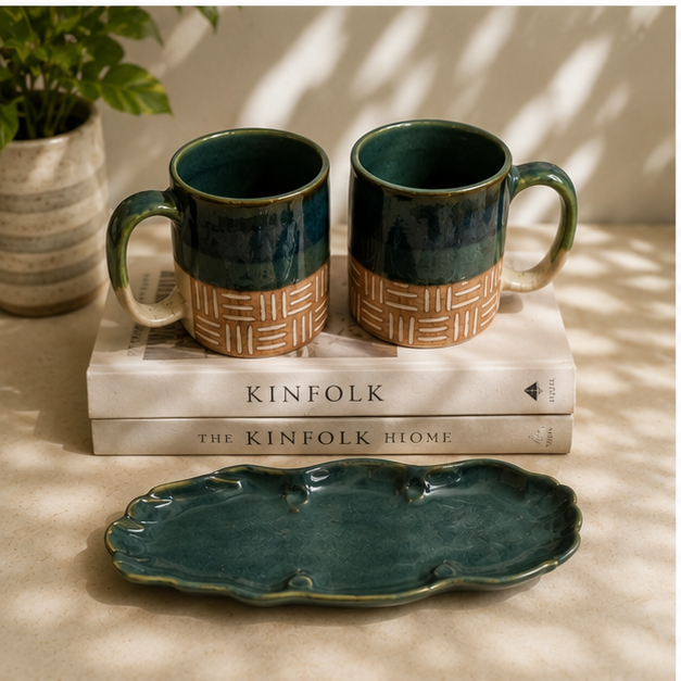 Forest Green Ceramic Coffee Mug Gift Set with Cookie Platter | Set of 2 (300 ml) | Handcrafted Gift for Coffee Lovers