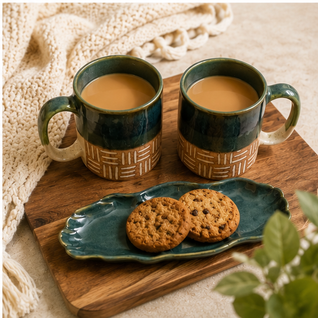 Forest Green Ceramic Coffee Mug Gift Set with Cookie Platter | Set of 2 (300 ml) | Handcrafted Gift for Coffee Lovers